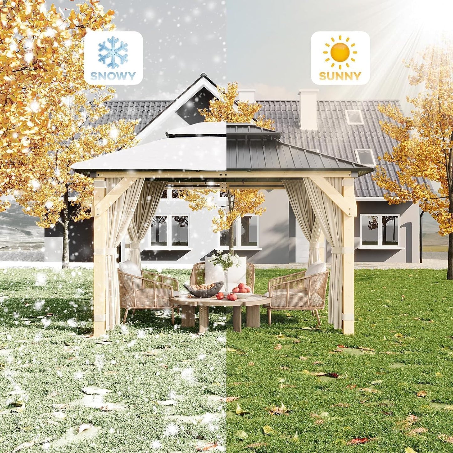 12' × 10' Hardtop Wood Gazebo with Double Galvanized Steel Roofm, Upgrade Wooden Frame with Nettings & Curtains for Backyard, Patio, Garden, All-Weather Khaki Outdoor Pavilion (4 Packages Shipped)