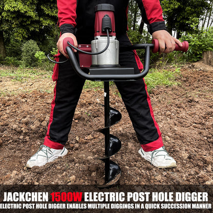 JACKCHEN 1500W Electric Post-Hole Digger with 6-Inch Auger Bit, Earth Auger Drill, Auger Bit Earth Auger, Ideal for Post Hole Digging, Drilling, Tree Planting, Red