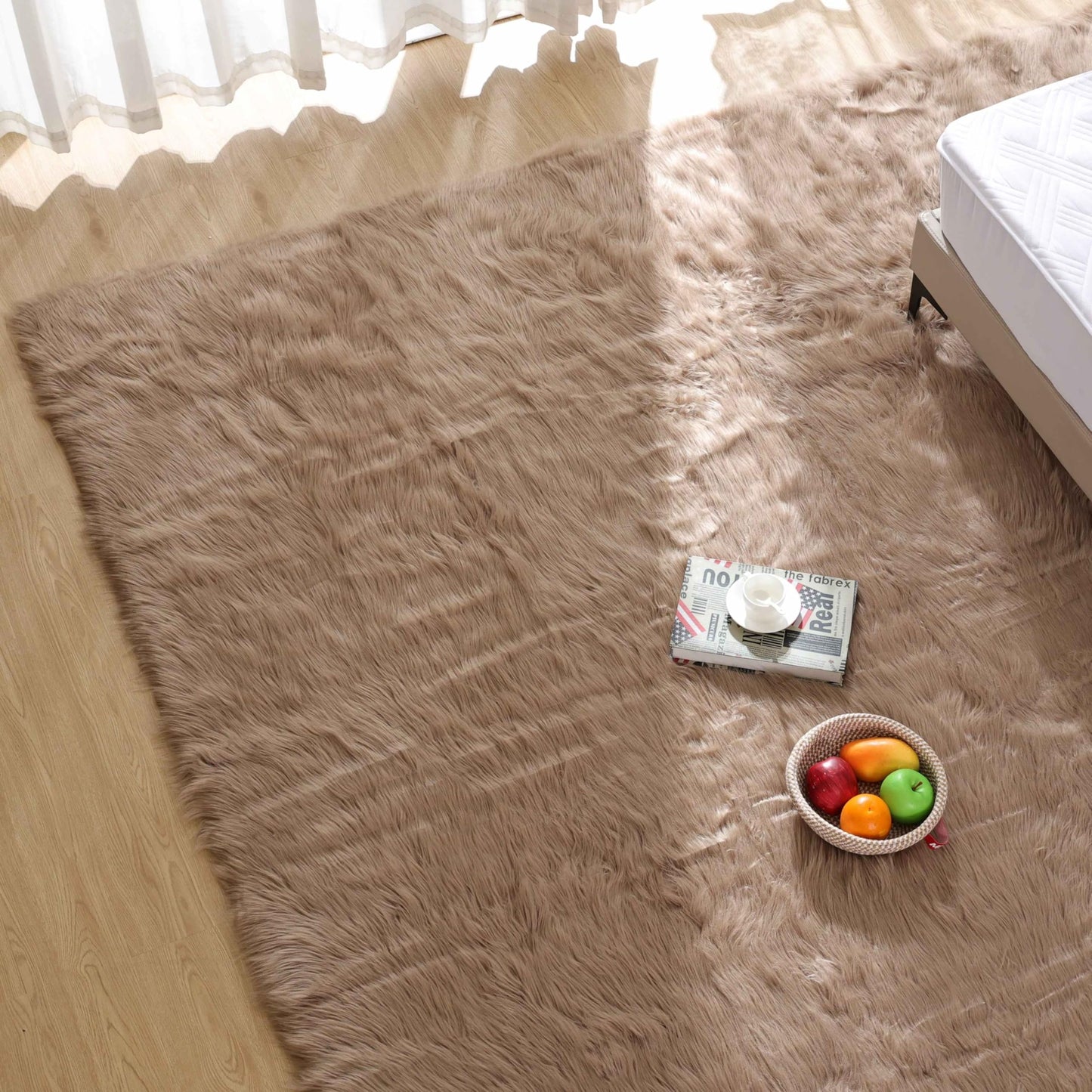 Goolela Sheepskin Area Rug 9x12 - Light Brown Beige - Fluffy Fuzzy Furry Carpet for Living Room Bedroom Faux Fur Rectangle