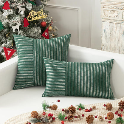 18x18, Set 2, Kevin Textile Dark Green and Beige Farmhouse Striped Patchwork Linen Decorative Throw Pillows Covers
