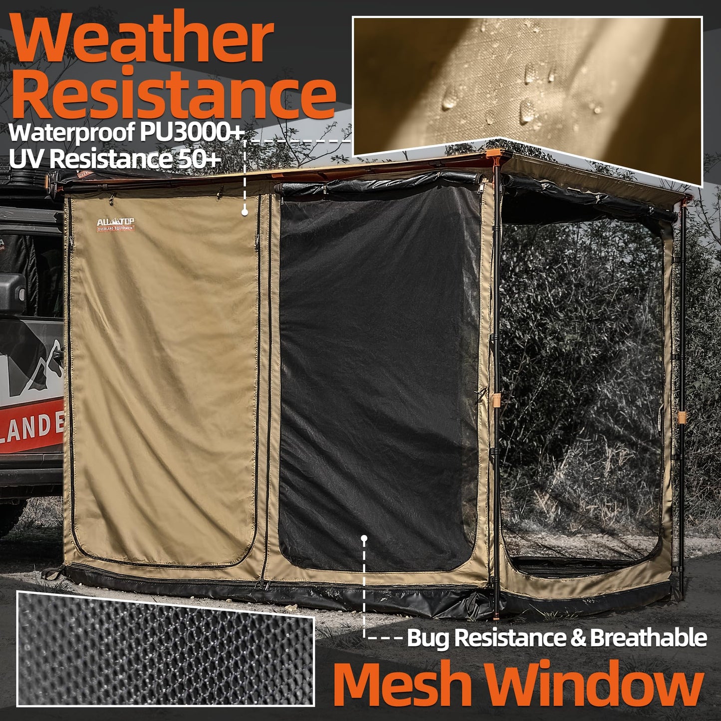 ALL-TOP Awning Room with Floor 6.6' x 8.2' Rip-Stop 210D Oxford Awning Tent with Bug-Resistance Mesh, Waterproof Sun Shelter for Overland, Camping(Black Coating, Room Only)