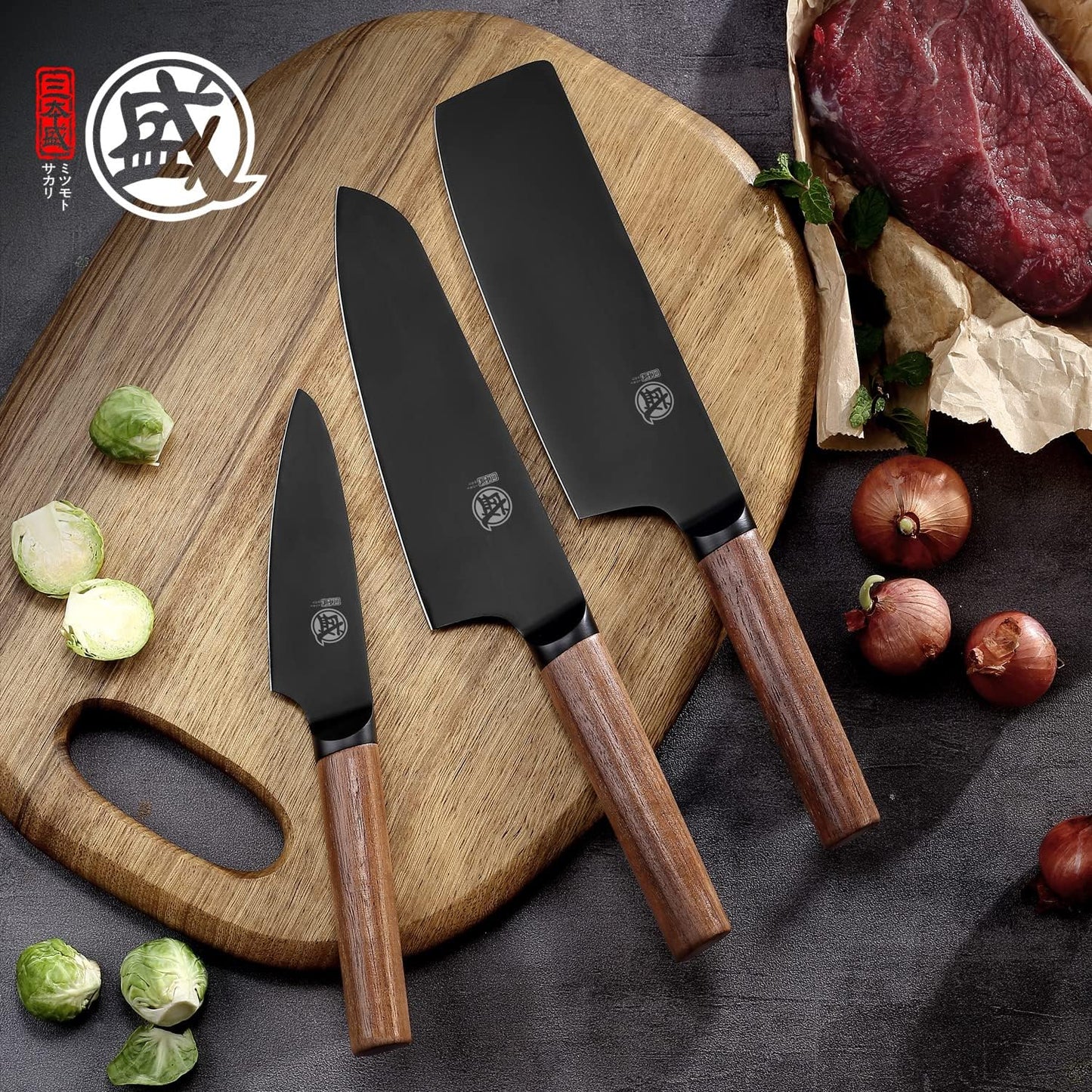 MITSUMOTO SAKARI 4.5 inch Japanese Paring Knife, Professional Black Titanium Coated Small Fruit Knife with Walnut Handle