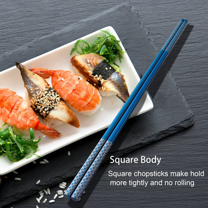 Metal Chopsticks Reusable Multicolor Stainless Steel Chopsticks Dishwasher Safe Chop Sticks Laser Engraved Copper Coin Pattern Square Non-slip, 9 1/4 Inches 5 Pairs Gift Set