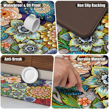 Tubeamin Boho Floral Kitchen Rugs Mats for Floor 2 Piece Memory Foam Padded Kitchen Mats Anti Fatigue Non Slip Cushioned Comfort Standing Mat, 17.3x28+17.3x47 Inch