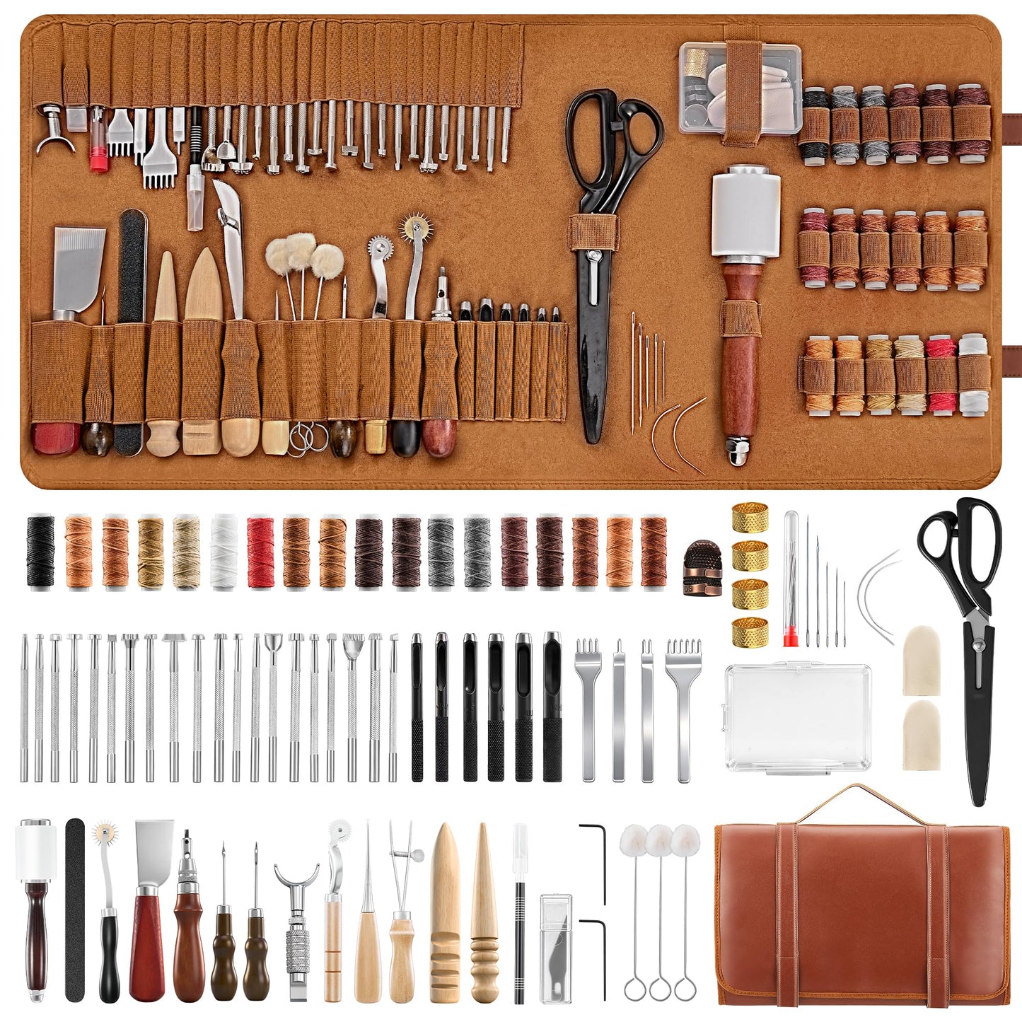 SakerNeo Leather Working Tools - 101pcs Stainless Steel & Wood Handle Sewing kit with 4mm Stitching chisels (1/2/4/6), 18 Waxed Thread, Hole Punch & Stamping Tools for DIY Wallet Belt Bag Repair