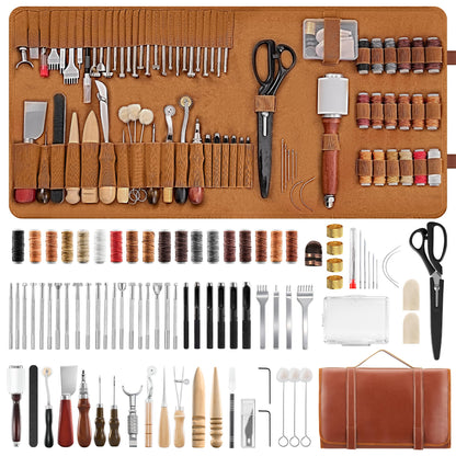 SakerNeo Leather Working Tools - 101pcs Stainless Steel & Wood Handle Sewing kit with 4mm Stitching chisels (1/2/4/6), 18 Waxed Thread, Hole Punch & Stamping Tools for DIY Wallet Belt Bag Repair