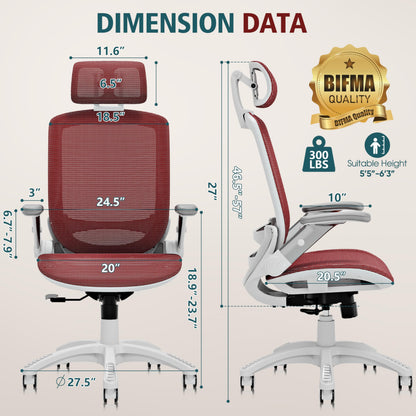 GABRYLLY Ergonomic Office Chair, High Back Home Desk Chair with Headrest, Flip-Up Arms, 90-120° Tilt Lock and Wide Cushion, 300LBS Mesh Chairs for Man Woman, White Task Chair(Red,GY01WR)