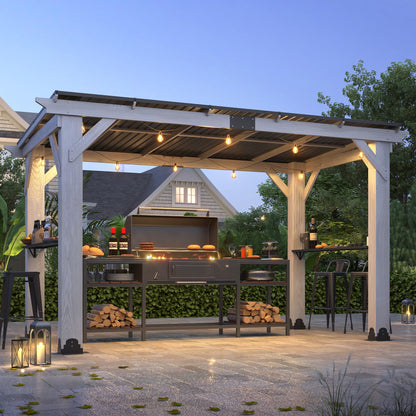 COVERONICS 12.5'x6.5' Outdoor Grill Gazebo - Hardtop Cedar Wood Gazebo with 2 Side Shelves and Galvanized Steel Roof, Patio Wooden BBQ Pergola for Porch, Garden and Backyard