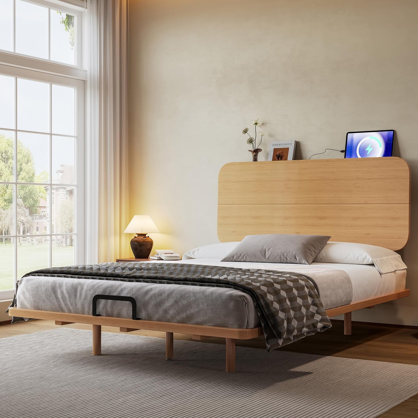 KEIKI Full Size Bamboo Platform Bed with Headboard and USB Ports, Mid-Century Modern Floating Bed Frame with Solid Support Slats, No Box Spring Needed, Easy Assembly, Noise Free, for Bedroom, Natural