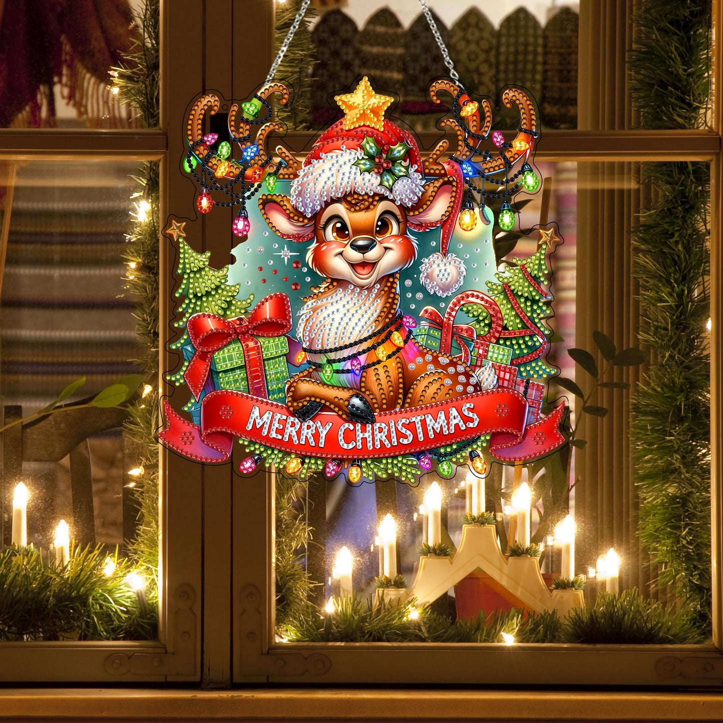 DIY Acrylic Diamond Art Painting Wreath Kits Special Shaped Rhinestone 5D Diamond Art Window Pendants Home Garden Wall Hanging Kits Hanging Ornament (Merry Christmas)