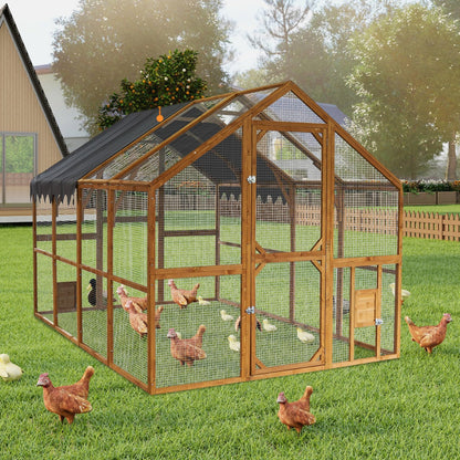 KEIKI 110" L Outdoor Large Chicken Coop with Waterproof Cover, Wire Mesh & 2 Lift Small Doors with Locks, Wood Chicken Coop House with Run for Cat Kitten Playpen, Duck, Rabbit, Quail