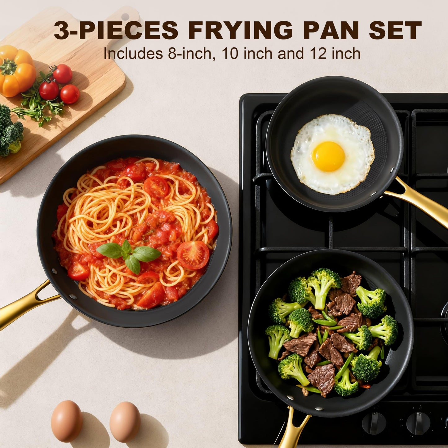 imarku 3 Pcs Non Stick Frying Pans Set, 8+10+12 Inch Nonstick Cast Iron Skillets with Stay Cool Metal Handle, Dishwasher & Oven Safe, Induction Compatible Cooking Pan