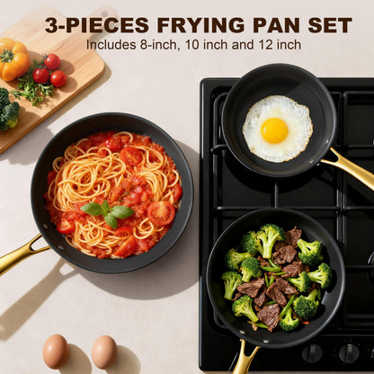 imarku 3 Pcs Non Stick Frying Pans Set, 8+10+12 Inch Nonstick Cast Iron Skillets with Stay Cool Metal Handle, Dishwasher & Oven Safe, Induction Compatible Cooking Pan