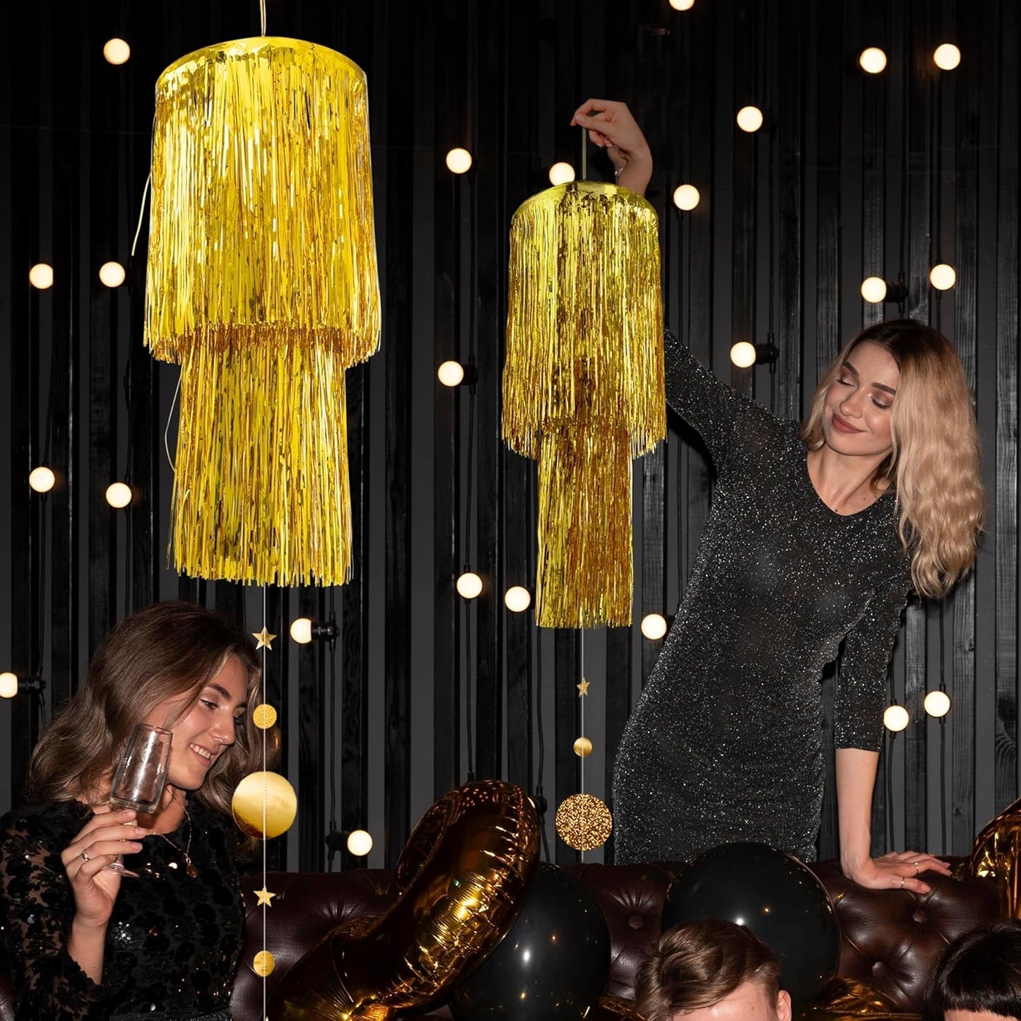 2 Cheerland Gold Tinsel Chandelier Mothers Day Party Decor Tier Haning Fringed Circle Star Garland for Graduation