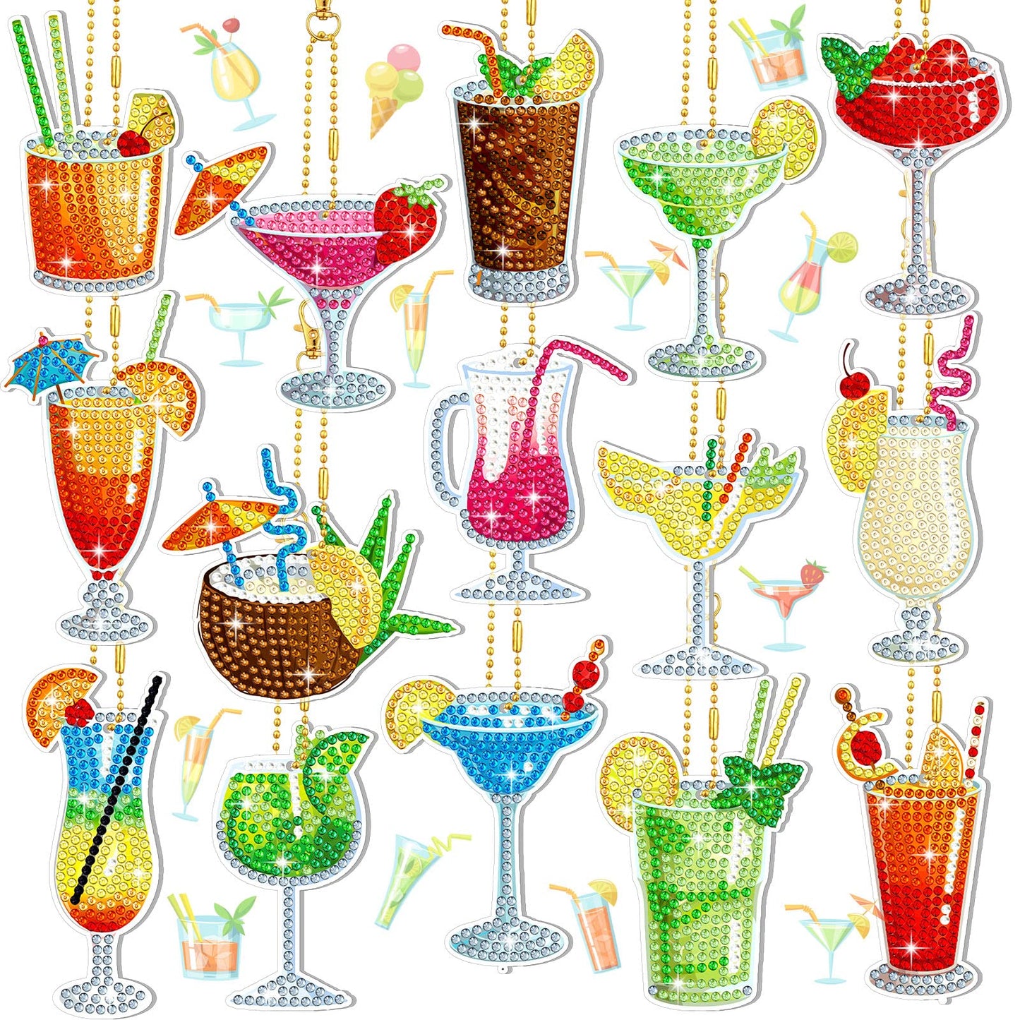Thinkday 15 Pcs Summer Diamond Painting Keychains Kits Cocktail Tropical Drink 5d Diamond Art Keychain Summer Hanging Ornaments for Adult Beginner DIY Craft Purse Backpack Handbag Family Decor