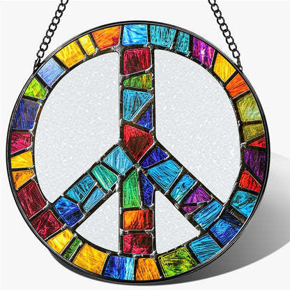 Stained Glass Window Hanging, 7.8 Inch Peace Sign Hippie Stained Glass Suncatcher Ornament, Suncatchers for Windows Hanging, Peace Symbol Decor, Hippie Gifts, Christmas Birthday Gifts for Women