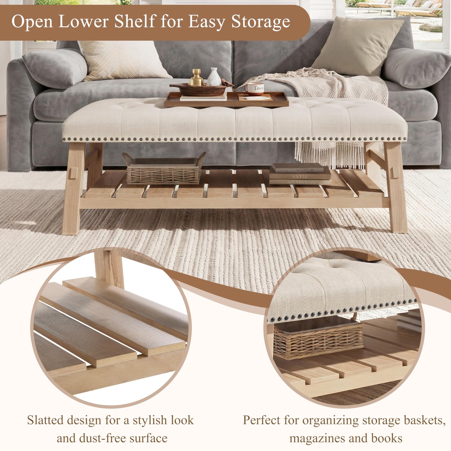 Merax 48" Large Rectangle Linen Blend Ottoman Coffee Table, Button Tufted with Slatted Storage Shelf, Upholstered Footstool Bench with Nailhead Trim & Solid Wood Legs, Seats for Living Room, Beige