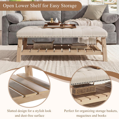 Merax 48" Large Rectangle Linen Blend Ottoman Coffee Table, Button Tufted with Slatted Storage Shelf, Upholstered Footstool Bench with Nailhead Trim & Solid Wood Legs, Seats for Living Room, Beige