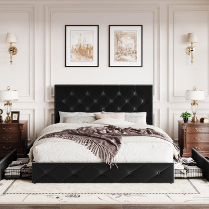 SHA CERLIN King Size Platform Bed Frame with 4 Oversized Storage Drawers, Adjustable Headboard with Velvet Upholstery, Diamond Button Tufted Design, Wooden Slat Support, No Box Spring Needed, Black
