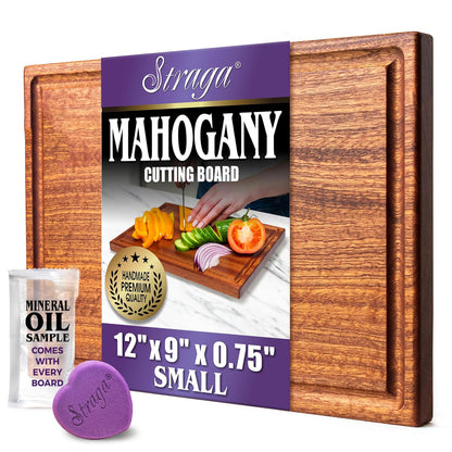 Straga Premium Mahogany Hardwood Cutting Board, 12" x 9" x 0.75", Sustainable Kitchen Essential with Juice Groove