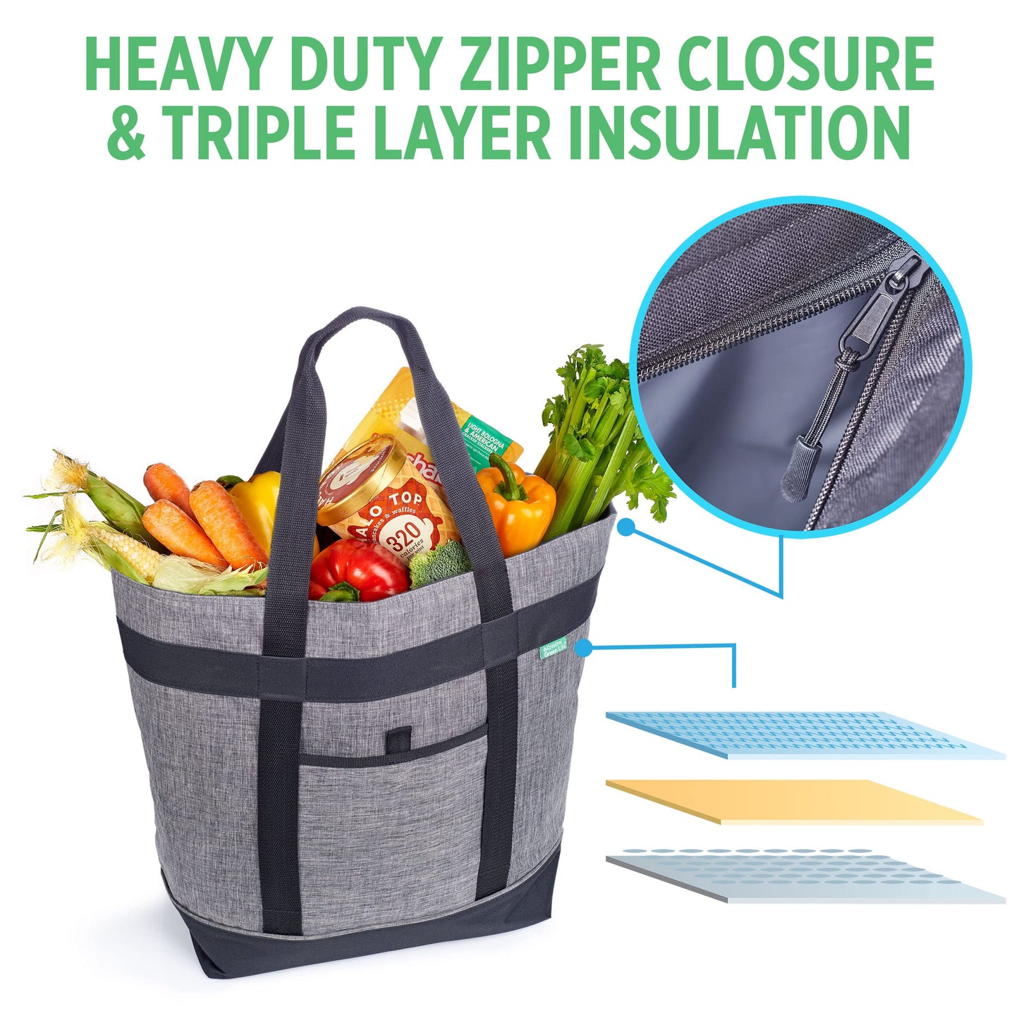 Jumbo Insulated Cooler Bag (Charcoal) with HD Thermal Insulation - Premium, Collapsible Soft Cooler Makes a Perfect Insulated Grocery Bag, Food Delivery Bag, Travel Bag, Beach or Picnic Bags