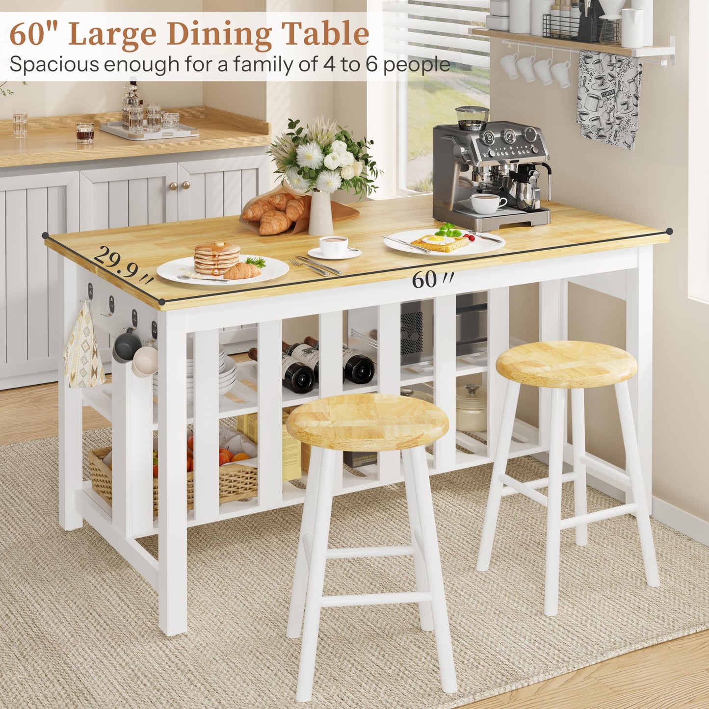 DynJest 60" Solid Rubberwood Kitchen Island with Power Outlets - Extra Large Work Surface, 3 Drawers & 2 Open Shelves Storage Cabinet for Kitchen Dining Room, Farmhouse Style (White)