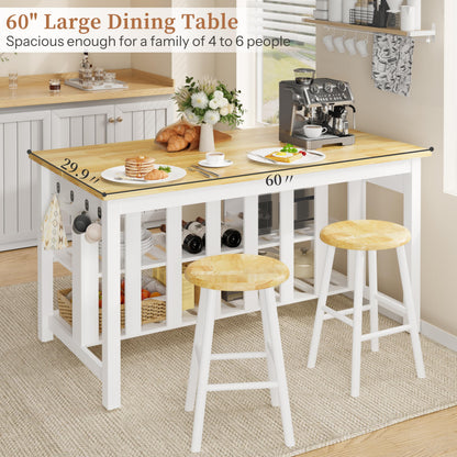 DynJest 60" Solid Rubberwood Kitchen Island with Power Outlets - Extra Large Work Surface, 3 Drawers & 2 Open Shelves Storage Cabinet for Kitchen Dining Room, Farmhouse Style (White)