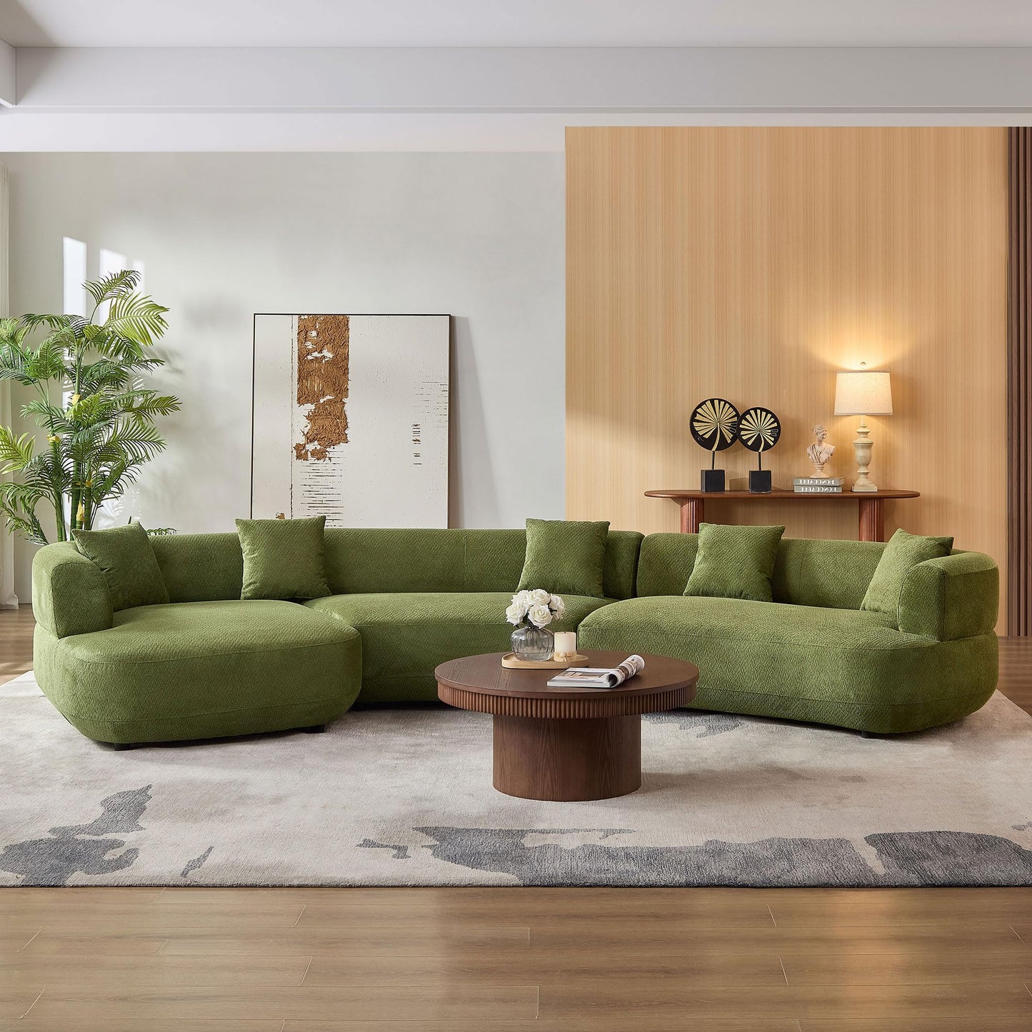 KEIKI 177" Curved Oversized Boucle Modular Sectional Sofa with Left Chaise, Upholstered 6-Seater Comfy Couch with 40D High-Resilience Seat Cushion & 5 Pillows, Easy Assembly, for Living Room, Green