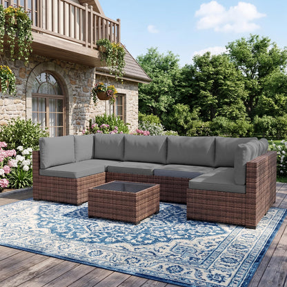 LHBcraft Patio Furniture Set with Rain Cover,7 Pieces Outdoor Wicker Rattan Patio Furniture, Wicker Rattan Outdoor Sectional Sofa Set with Coffee Table for Garden, Poolside Taupe-Grey