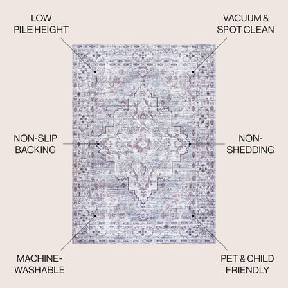 JONATHAN Y Machine Washable Gray/Purple Indoor Area Rug 3X5 ft, Didim Boho Medallion for Living Room, Bedroom, Kitchen, Office, Easy-Cleaning, High Traffic, Pet-Friendly, Non-Shedding (WSH102A-3)