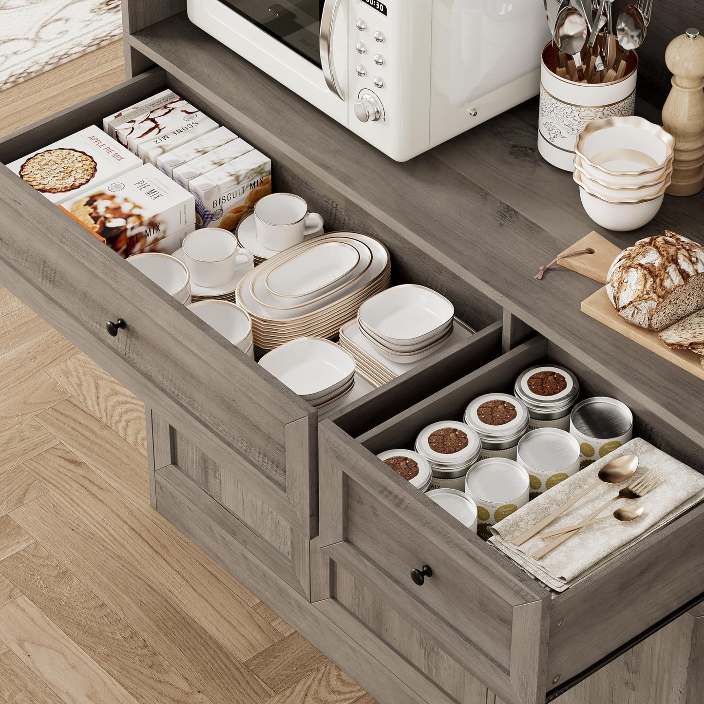 BOTLOG 72" Kitchen Pantry Cabinet, Kitchen Hutch with Microwave Stand, Buffet Cabinet with Hutch for Dining Room, Ash Gray