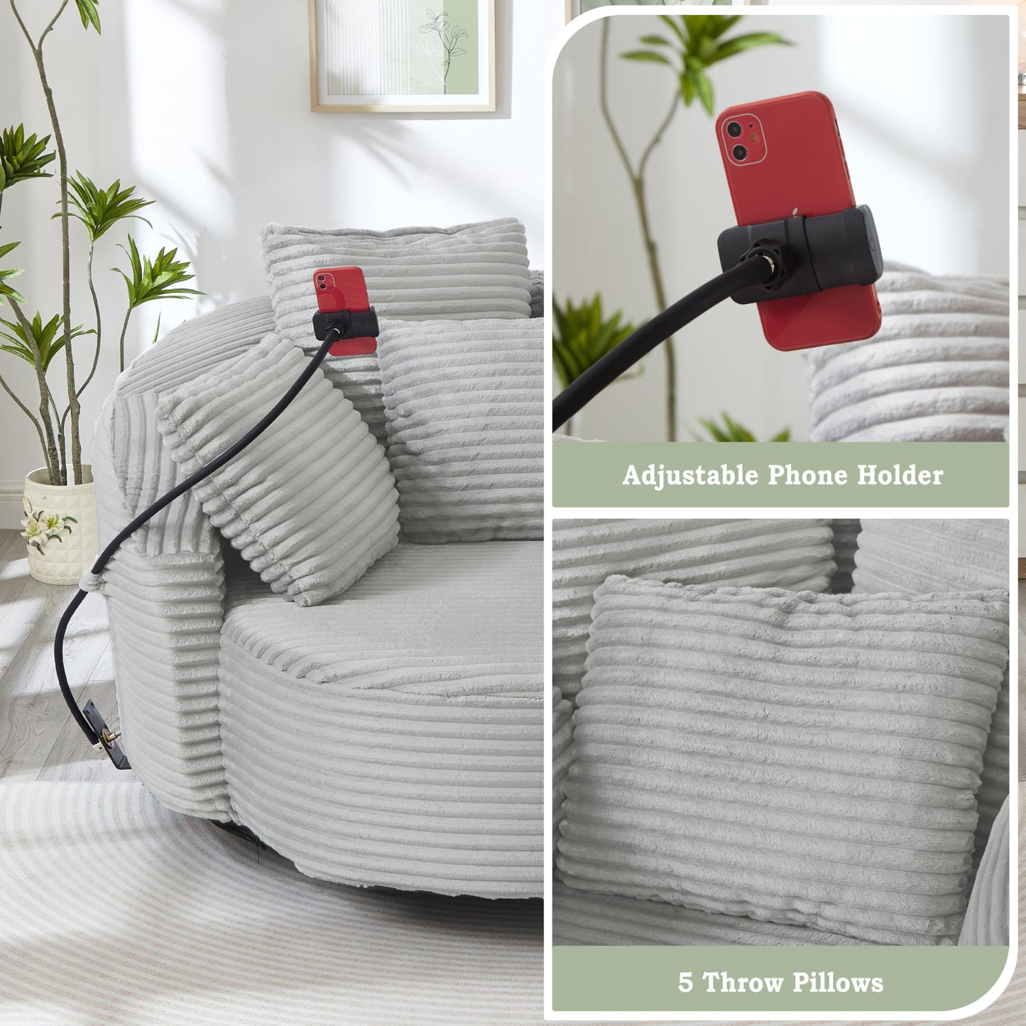 ERYE 360° Swivel Accent Barrel Chair Round Sofa Chaise with 5 Pillows and Adjustable Phone Holder, Modern Round Lazy Armchair for Living Room, Bedroom, Office and Hotel
