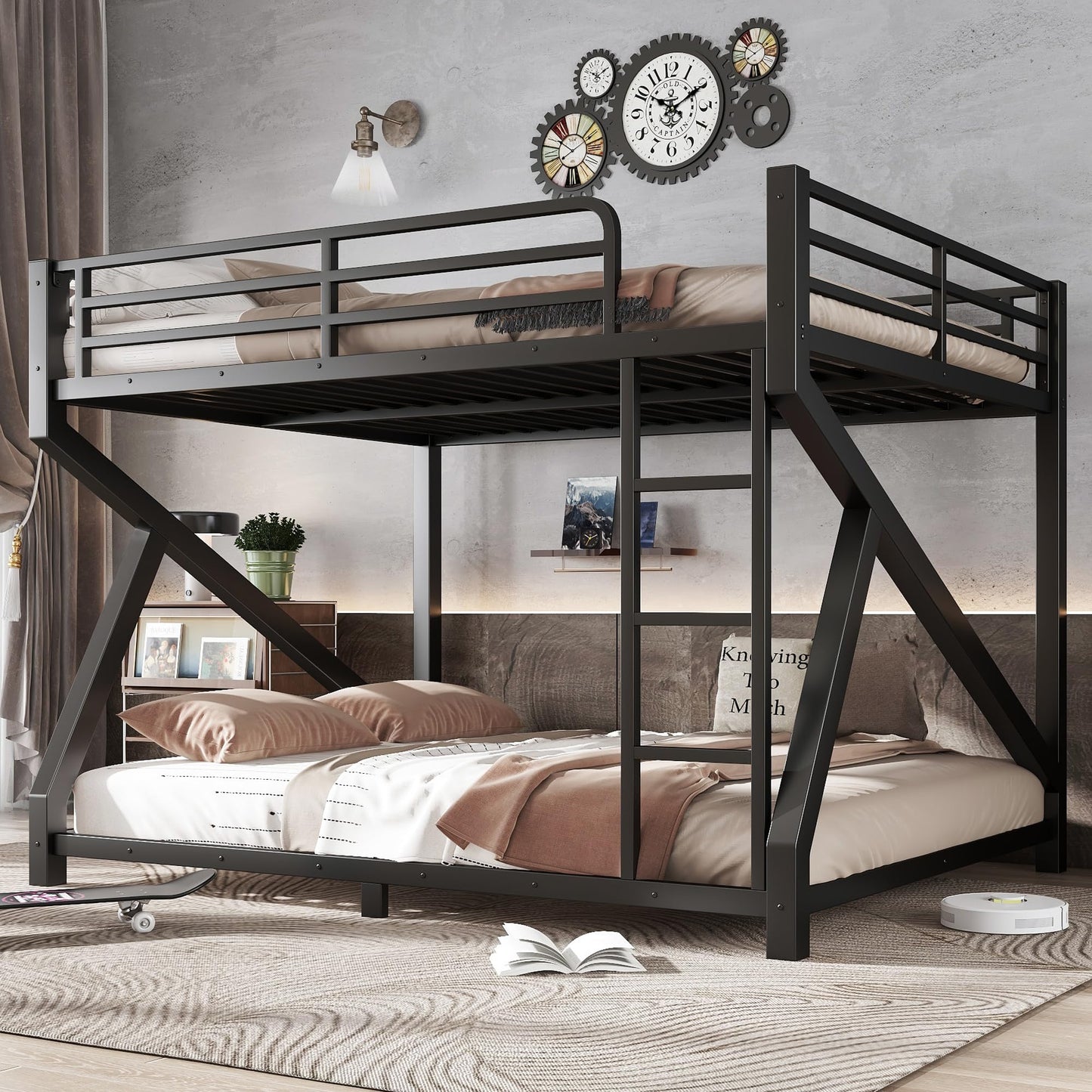 Bellemave Queen Over Queen Metal Bunk Bed,Low Profile Floor Bunk Bed Frame with Angled Ladder, Heavy Duty & Noise-Free Design for Kids, Teens & Adults, Black