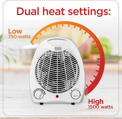 BLACK+DECKER Space Heater - Personal Heater for Office Desk, 3 Settings, Adjustable Thermostat, Black & White