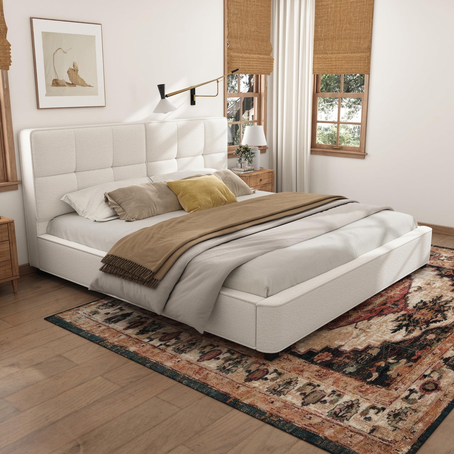 Christopher Knight Home Cordo King Size Bed, Velvet Upholstered Platform Bed, Wooden Slats Panel Support, Tufted Square Corners Haedboard, No Box Spring Needed, Easy Assembly, Beige