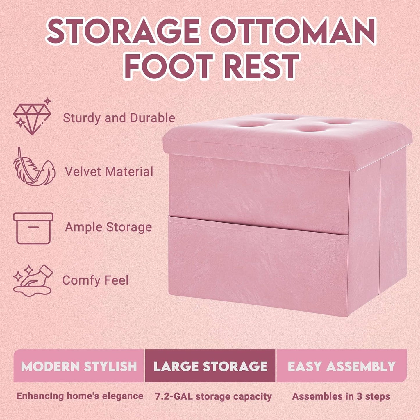 16"x12"x12" ZOES HOMEWARE Small Storage Ottoman Foot Rest, Velvet Ottoman with Storage and Side Pocket, Pink Foot Rest