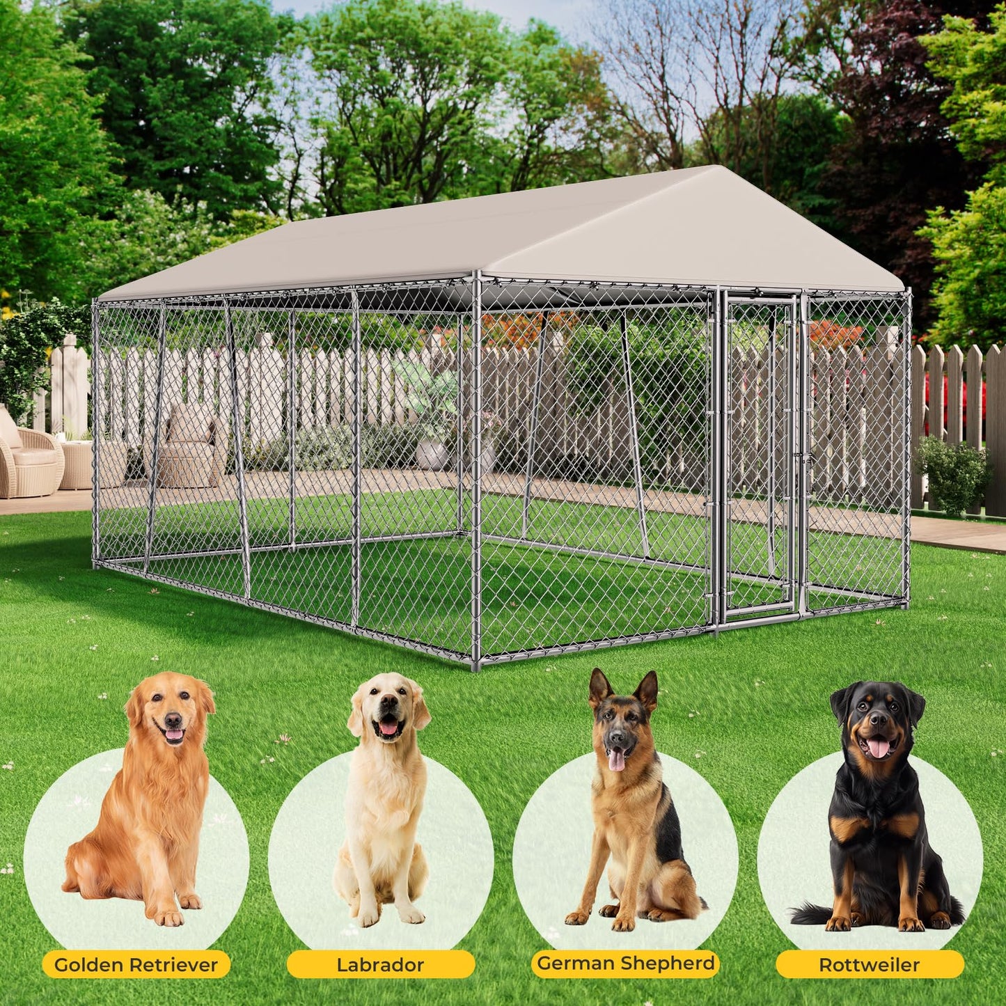 Lyromix 10 x 15FT Large Outdoor Dog Kennel with Roof, Dog Kennel Outside with Waterproof Cover, Galvanized Heavy Duty Chain Link Dog Runs Cage Playpen for Outside with Secure Lock