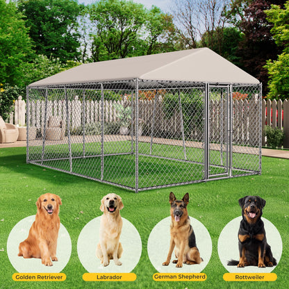 Lyromix 10 x 15FT Large Outdoor Dog Kennel with Roof, Dog Kennel Outside with Waterproof Cover, Galvanized Heavy Duty Chain Link Dog Runs Cage Playpen for Outside with Secure Lock