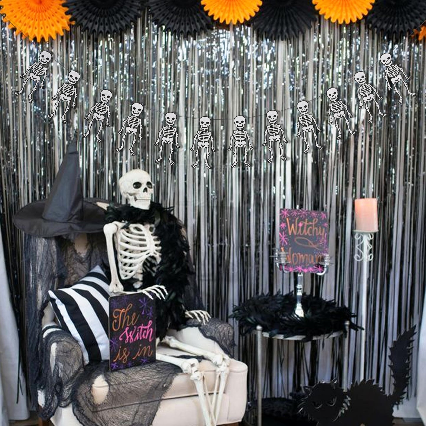 Halloween Skeleton Garland - Felt Halloween Birthday Party Banner, Gothic Theme Party Supplies, Bachelorette Parties Decoration and Gothic Weddings, Skeleton Decorations Cake Smash Photo Props
