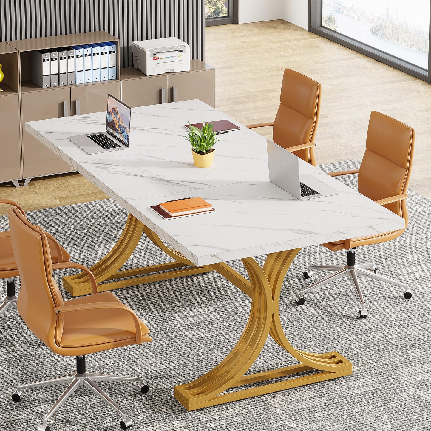 Tribesigns 10.5FT Conference Table, Modern Meeting Table for 8-10 People, Rectangle Seminar Boardroom Table for Office Conference Room with Stylish Legs (4, White + Gold)