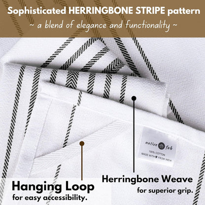 12 Pack 16"x26" Native Fab Black Stripe Kitchen Towels Herringbone Scandia Weave - Super Absorbent Cotton Dish Towels