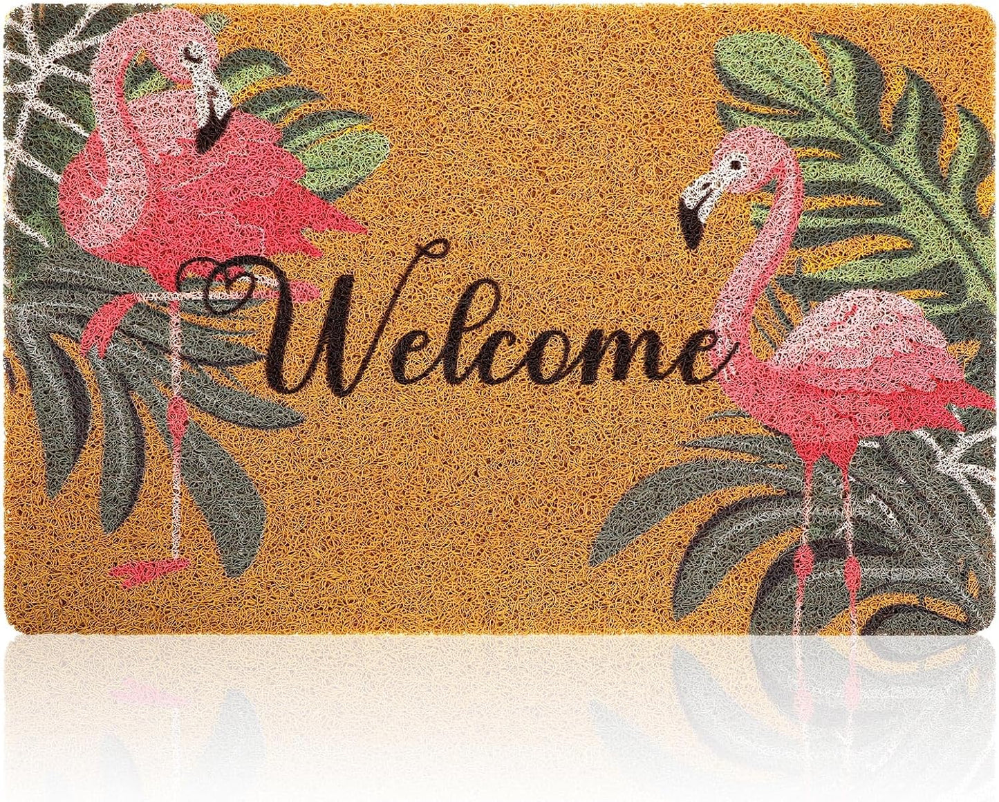 Tinideya Flamingo Welcome Door Mat - Tropical Palm Leaves Design | Non-Slip Rubber, Washable, 17x29 Inch