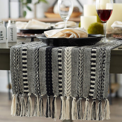 15x72 (15x77, DII Farmhouse Braided Stripe Table Runner Collection, Fringe Included), Black