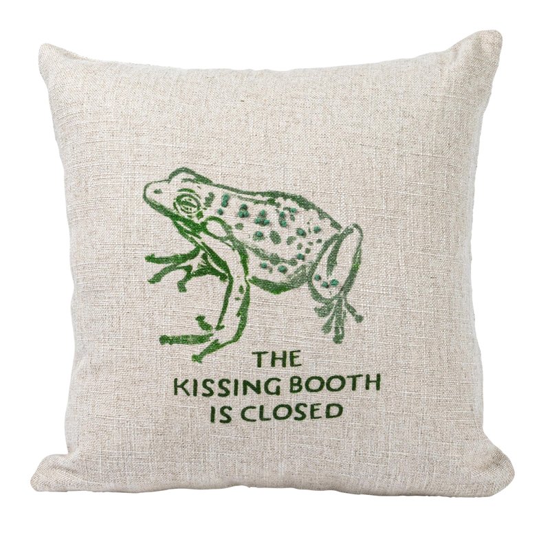 16" Square Linen Blend Printed Pillow with Frog and The Kissing Booth is Closed Text Prints and French Knots, Natural and Green