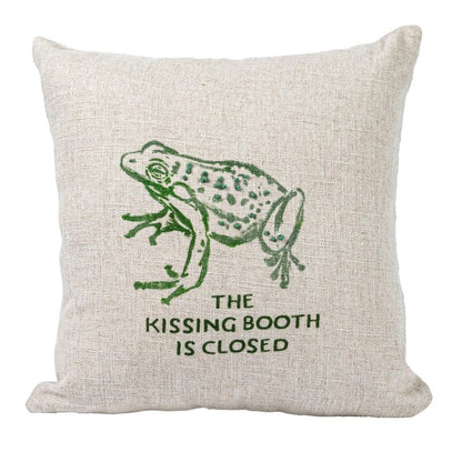 16" Square Linen Blend Printed Pillow with Frog and The Kissing Booth is Closed Text Prints and French Knots, Natural and Green