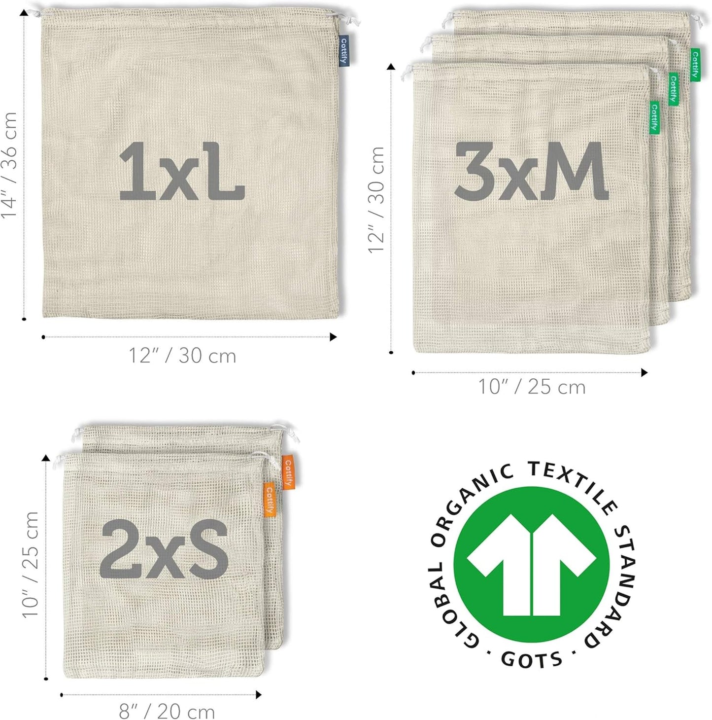 6 Reusable Produce Bags, Organic Cotton Mesh Grocery Bags, Washable, for Vegetables