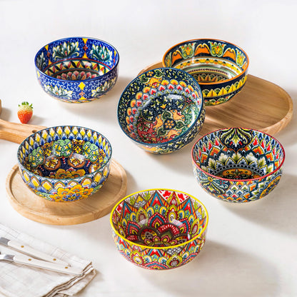 Henten Home Ceramic 28 oz Soup Bowls, Boho Style Cereal Bowl Set, Colorful Serving Bowls for Salad, Pasta, Rice, Set of 6, Dishwasher & Microwave Safe