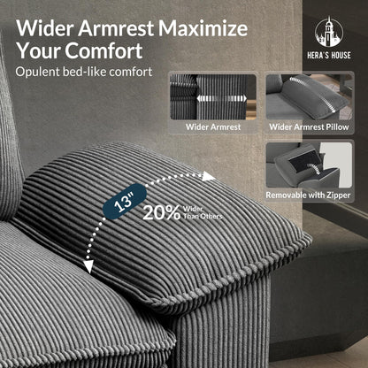 HERA'S HOUSE 158" Modular Sectional Sofa, Oversized U Shaped Couches for Living Room, Comfy Cloud Couch with Ottoman, 6-Seater Deep Seat Sofa with Throw Pillow, Corduroy Grey