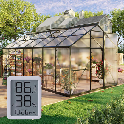 SYLVIERA 8x14FT Walk-in Greenhouse with Hygrometer,Polycarbonate Green House with UV Protection, Heavy Duty Greenhouse with Windproof Aluminum Frame, Roof Vent & Quick-Install Design