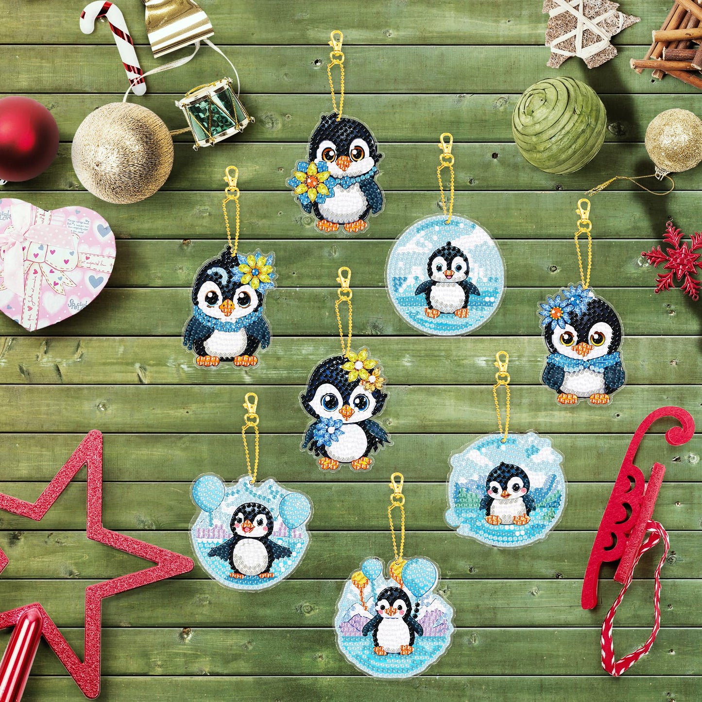 JBTM24 Diamond Painting Keychains Kits, Double Sided Diamond Art Keyrings for Adults, DIY Art Key Rings Ornaments Kits (Penguin)